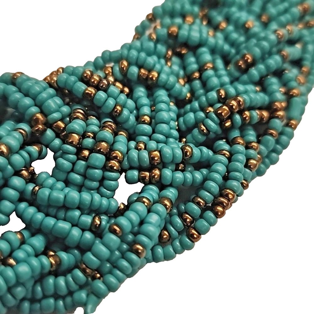 Turquoise Braided Seed Bead Bib Necklace Women OS Teal Multi-Strand 16"X1.5" - Picture 4 of 9
